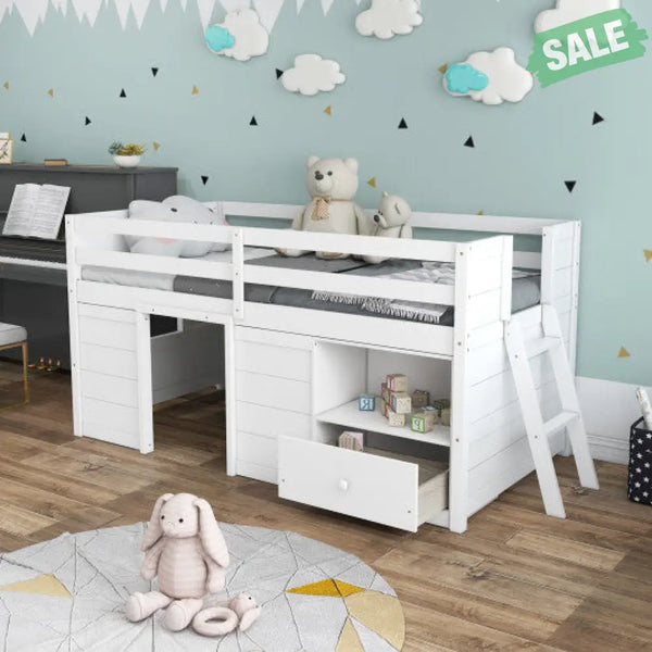 Twin Size Solid Wood Low Loft Bed with Storage and Drawer-White Toddler Beds