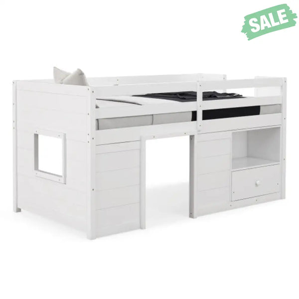 Twin Size Solid Wood Low Loft Bed with Storage and Drawer-White Toddler Beds