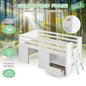 Twin Size Solid Wood Low Loft Bed with Storage and Drawer-White Toddler Beds