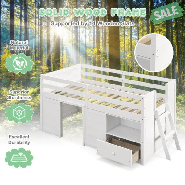 Twin Size Solid Wood Low Loft Bed with Storage and Drawer-White Toddler Beds
