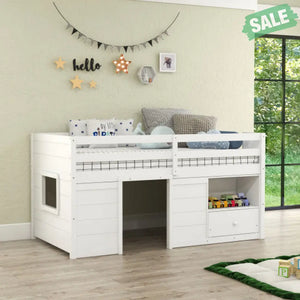 Twin Size Solid Wood Low Loft Bed with Storage and Drawer-White Toddler Beds