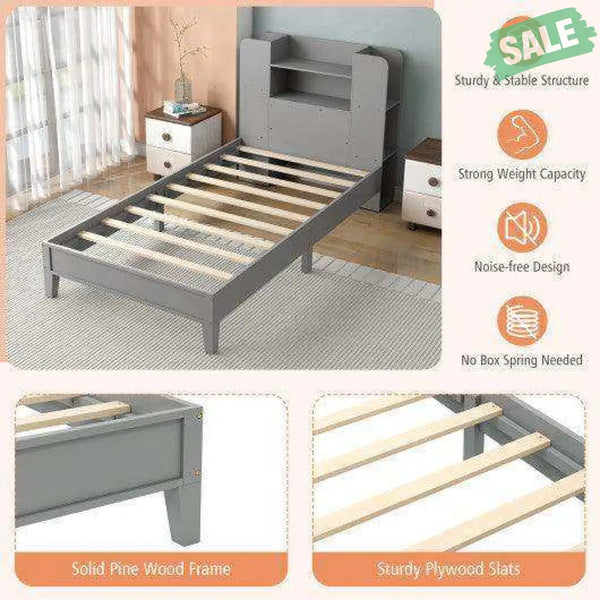Twin Size Wooden Platform Bed Frame with Bookcase Headboard-White Gray Toddler Beds