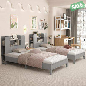 Twin Size Wooden Platform Bed Frame with Bookcase Headboard-White Toddler Beds