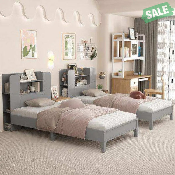 Twin Size Wooden Platform Bed Frame with Bookcase Headboard-White Toddler Beds