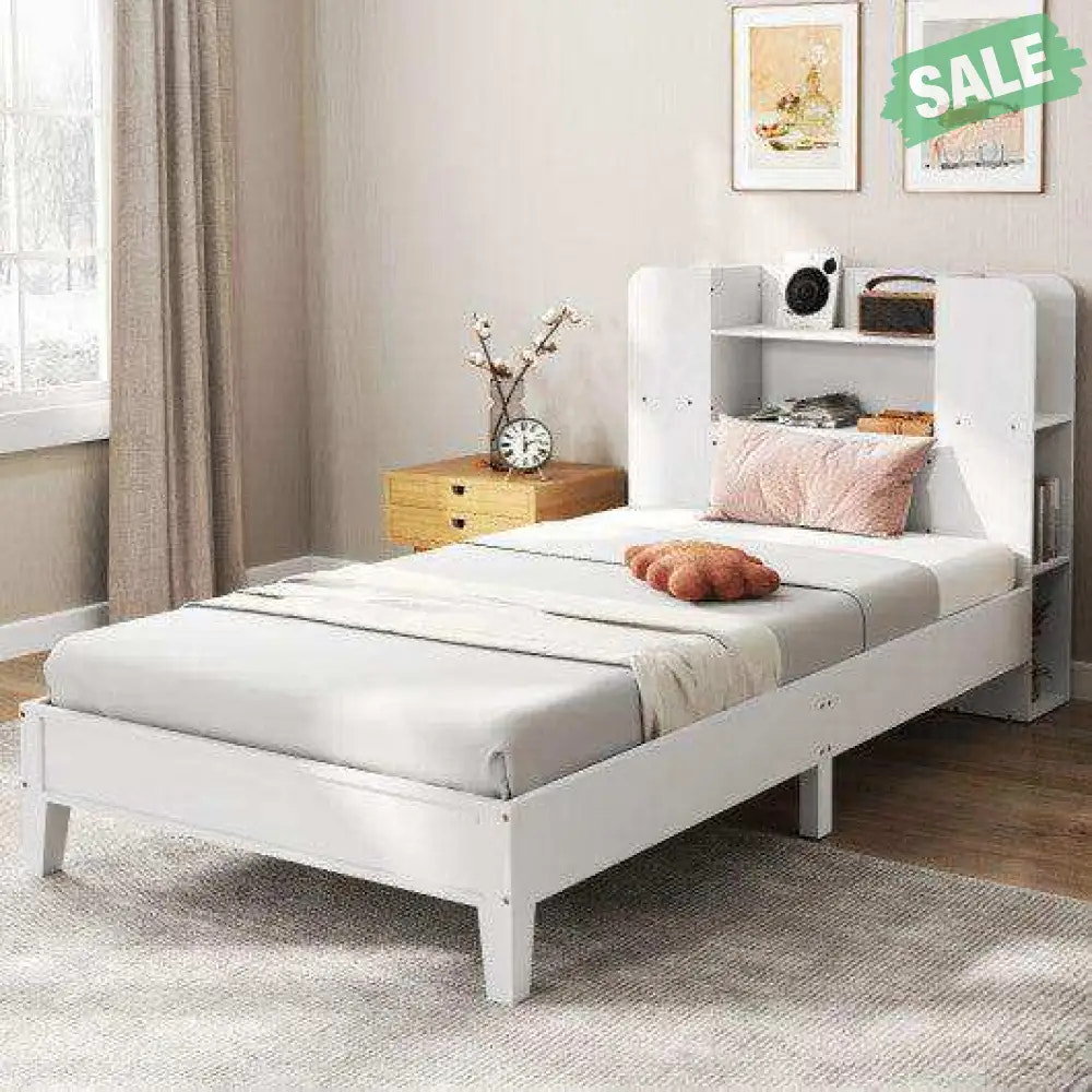 Twin Size Wooden Platform Bed Frame with Bookcase Headboard-White Toddler Beds