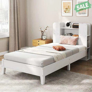 Twin Size Wooden Platform Bed Frame with Bookcase Headboard-White Toddler Beds