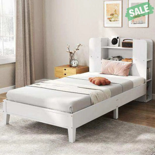 Twin Size Wooden Platform Bed Frame with Bookcase Headboard-White Toddler Beds
