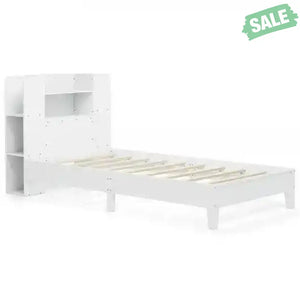 Twin Size Wooden Platform Bed Frame with Bookcase Headboard-White Toddler Beds