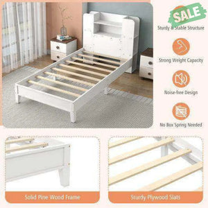 Twin Size Wooden Platform Bed Frame with Bookcase Headboard-White Toddler Beds