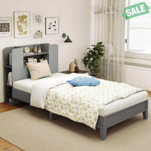 Twin Size Wooden Platform Bed Frame with Bookcase Headboard-White Toddler Beds