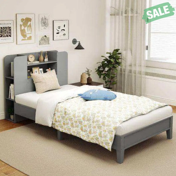 Twin Size Wooden Platform Bed Frame with Bookcase Headboard-White Toddler Beds
