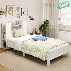 Twin Size Wooden Platform Bed Frame with Bookcase Headboard-White Toddler Beds