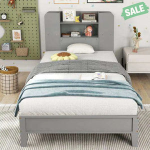 Twin Size Wooden Platform Bed Frame with Bookcase Headboard-White Toddler Beds