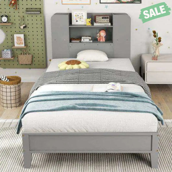 Twin Size Wooden Platform Bed Frame with Bookcase Headboard-White Toddler Beds