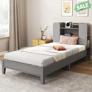 Twin Size Wooden Platform Bed Frame with Bookcase Headboard-White Toddler Beds