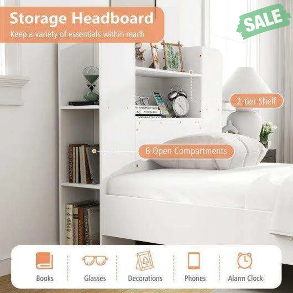 Twin Size Wooden Platform Bed Frame with Bookcase Headboard-White White Toddler Beds