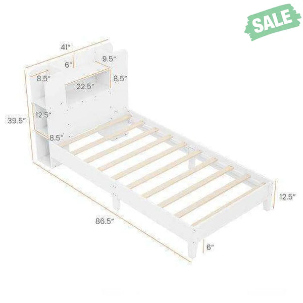 Twin Size Wooden Platform Bed Frame with Bookcase Headboard-White Toddler Beds