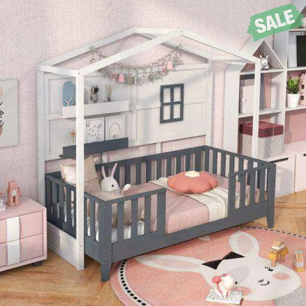 Twin Wood House Bed Montessori Floor Bed 2 Shelves Guardrails Gray &