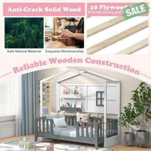 Twin Wood House Bed Montessori Floor Bed with 2 Shelves and Guardrails-Gray & White Toddler Beds