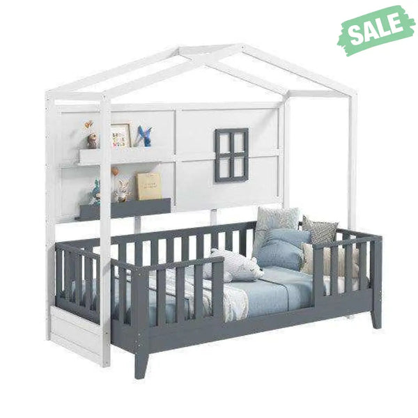 Twin Wood House Bed Montessori Floor Bed with 2 Shelves and Guardrails-Gray & White Toddler Beds
