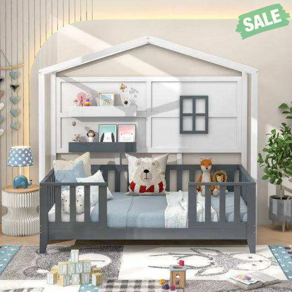 Twin Wood House Bed Montessori Floor Bed with 2 Shelves and Guardrails-Gray & White Toddler Beds