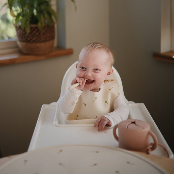 Mushie Silicone Baby Bib Adjustable Neck Strap Deep Pocket