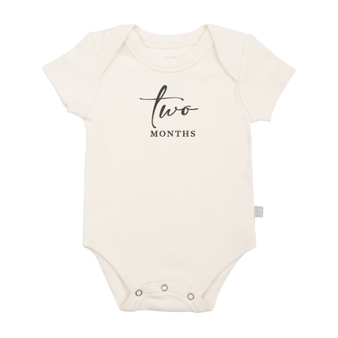 Charcoal graphic bodysuit for two months milestone, perfect for baby boys and girls. Short sleeve design.