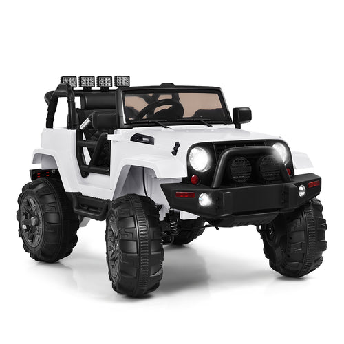 12V kids remote control riding truck car with LED lights, angle 17 view, perfect toy for outdoor fun.