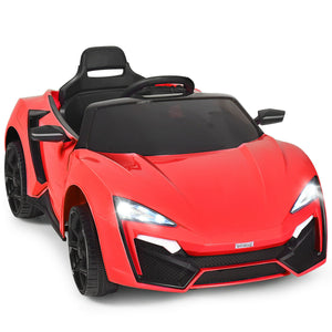 12V 2.4G RC electric vehicle for kids with lights, angled view showcasing design and features.
