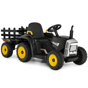 12V ride-on tractor with 3-gear shift loader for kids 3+, angled view showcasing fun and durability.