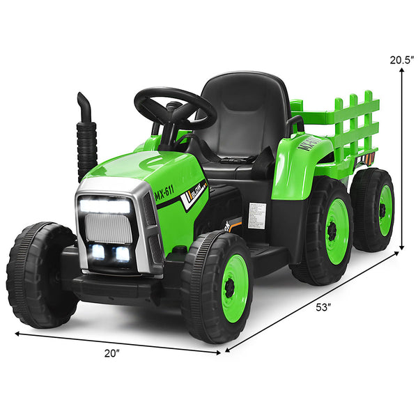 12V ride-on tractor with 3-gear shift loader for kids 3+, angled view showcasing fun and durability.