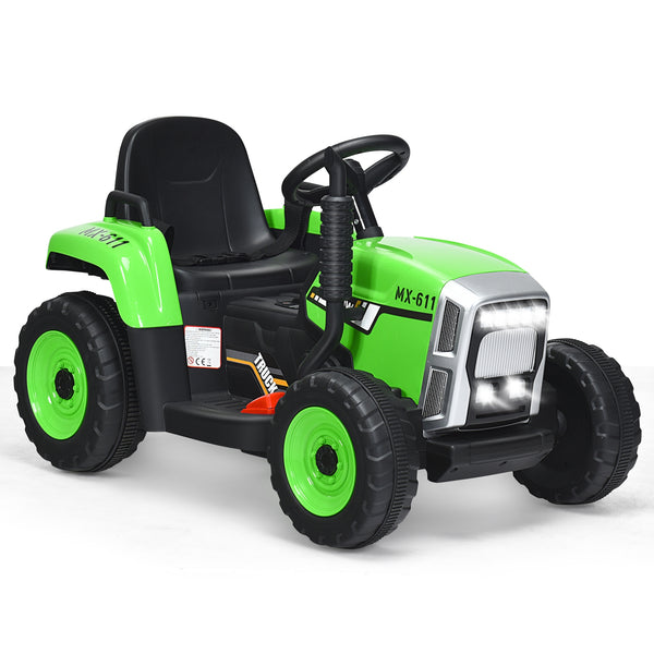 12V ride-on tractor with 3-gear shift loader for kids 3+, angled view showcasing fun and durability in toys.