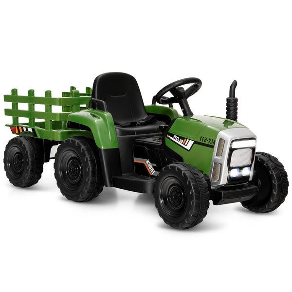 12V Ride on Tractor with 3-Gear-Shift Loader for kids 3+, angled view showcasing vibrant design and features.