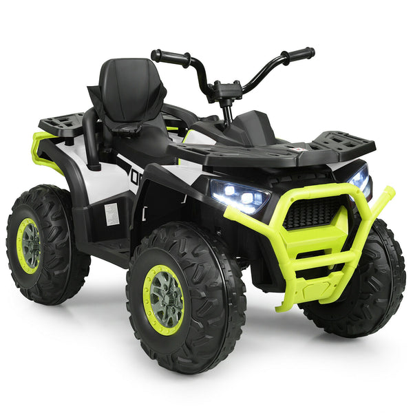 12V kids electric ATV quad with MP3 and LED lights, angled view showcasing fun and safety for young riders.