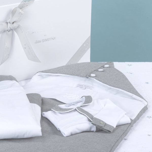 MON BEAU TROUSSEAU | Boys White & Grey Cotton Baby Nest (86cm)