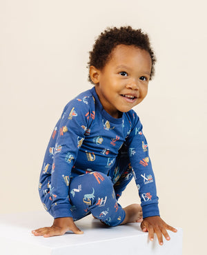Ultimate Pajama Set in Good Vibes ABC Navy for babies, showcasing cozy design and playful print from angle 2.