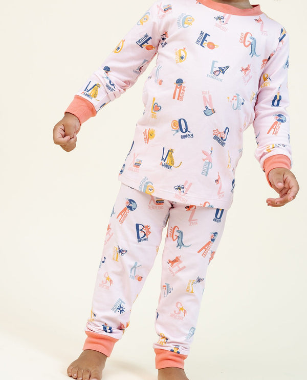 Ultimate Pajama Set in Good Vibes ABC Pink for babies, showcasing a cozy and stylish design from angle 4.
