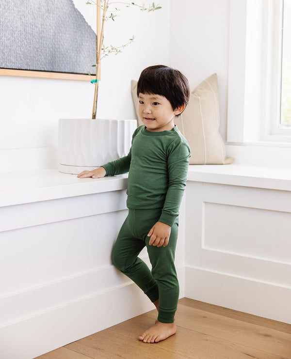 Ultimate Pajama Set in Moss for babies, cozy and stylish, shown from angle 4. Perfect for comfortable sleep.