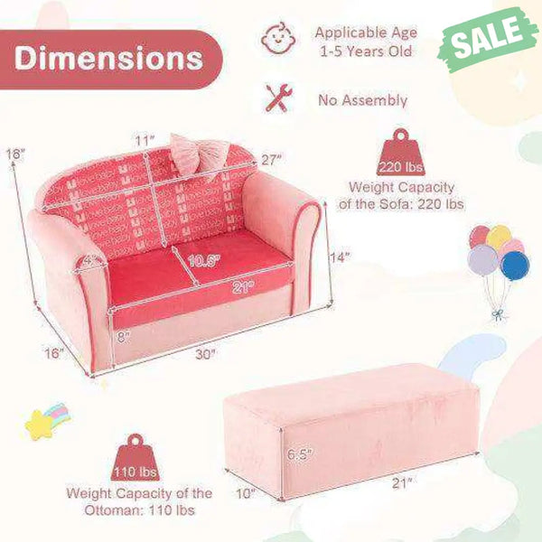 Ultra Soft Velvet Kids Sofa Chair Toddler Couch with Ottoman-Pink Kids Chairs & Seating