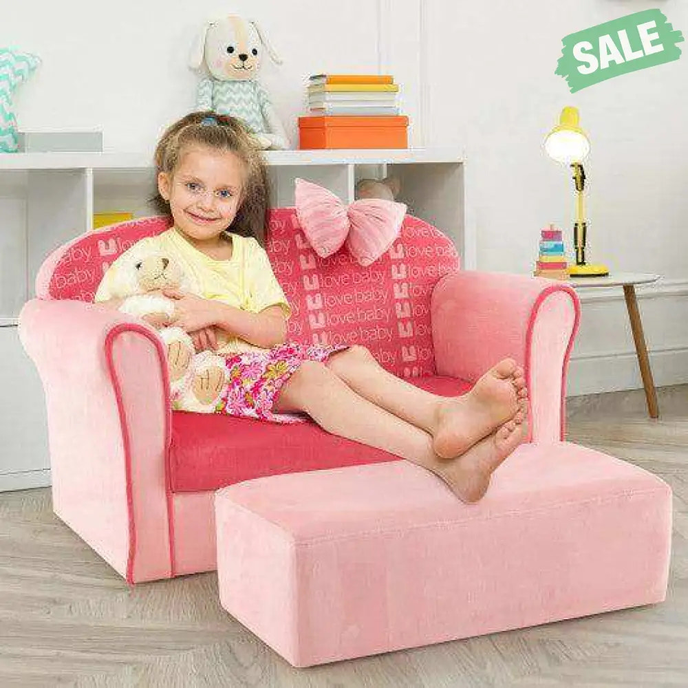 Ultra Soft Velvet Kids Sofa Chair Toddler Couch with Ottoman-Pink Kids Chairs & Seating