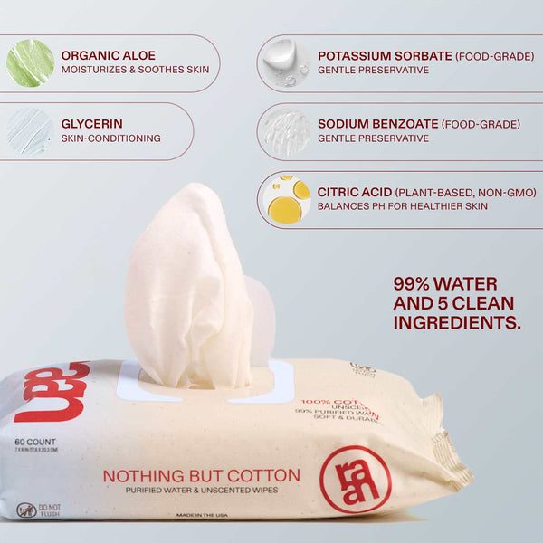 UNBLEACHED, 100% COTTON WATER WIPES. 60 COUNT PACKS
