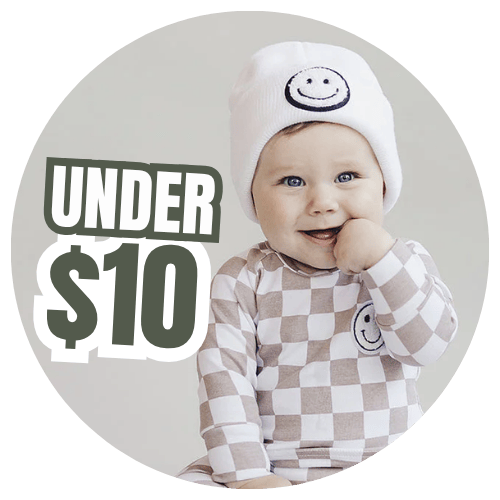 Baby wearing a checkered outfit and smiley face hat with 'UNDER $10' text.