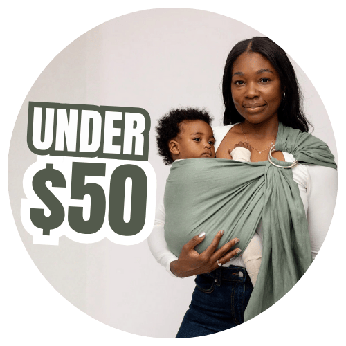 Woman holding a child in a green baby wrap with text 'Under $50' on a white background