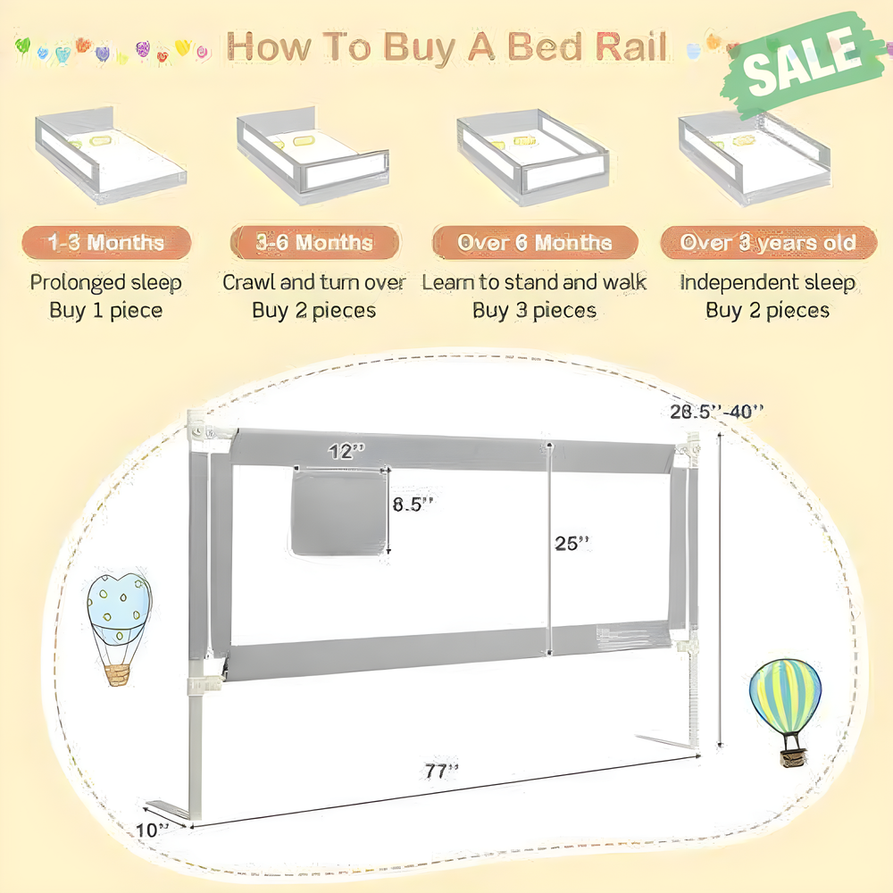76.8 Inch Baby Bed Rail with Double Safety Child Lock Gray