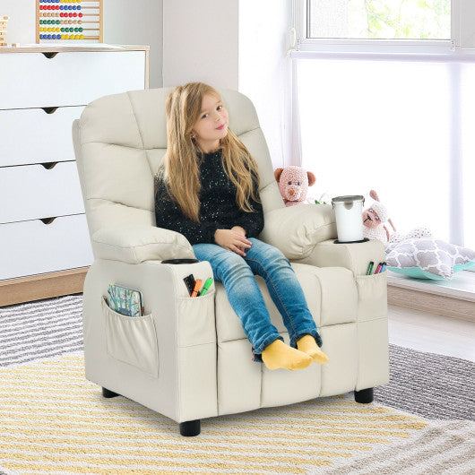 PU Leather Kids Recliner Chair with Cup Holder and Footrest Beige