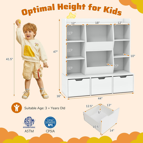 47" Children Bookcase Toy Storage Organizer Versatile Storage Cabinet-White