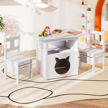 Kids table and chairs set, 3 pieces wooden furniture with cat house, perfect for children's playroom, white color.