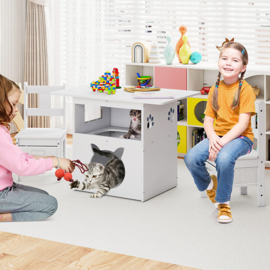 Kids table and chairs set, 3 pieces wooden furniture with cat house, perfect for children's playroom, white color.
