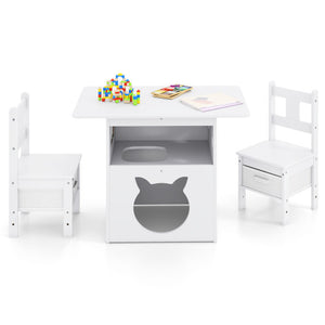Kids Table and Chairs Set 3 Pieces Wooden Children Furniture with Cat House-White