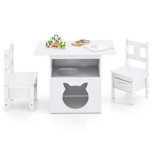Kids Table and Chairs Set 3 Pieces Wooden Children Furniture with Cat House-White